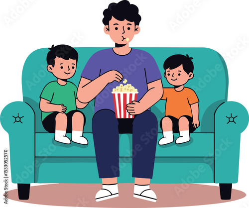 Father and two children watching movie on teal couch with popcorn vector illustration 