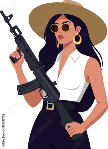 Woman with black rifle wearing white shirt and wide hat holding weapon confidently 