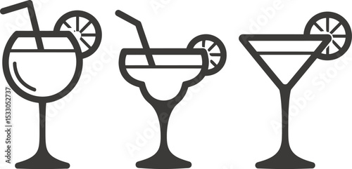 Three stylized cocktail glasses with straws and citrus garnish in a simple line drawing style