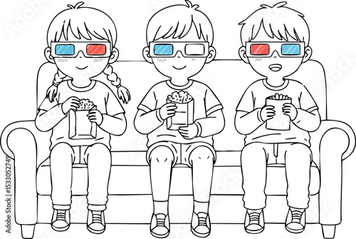 Children watching 3D movie with glasses sitting on sofa holding popcorn vector illustration 