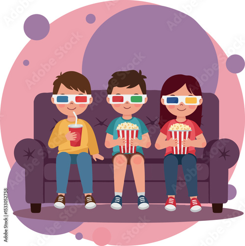 Children watching movie with 3D glasses eating popcorn and drinking soda on sofa vector illustration 