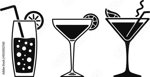 Three cocktail glasses with straws and citrus garnish in black and white vector illustration