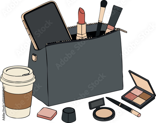 Makeup bag with lipstick brushes smartphone coffee cup and cosmetics vector illustration 