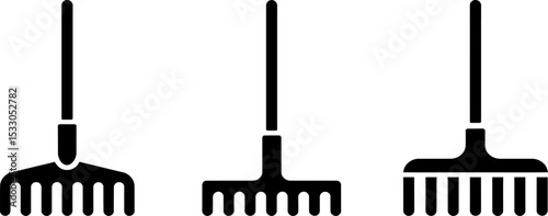Three black rakes in different styles isolated on a white background in a vector format