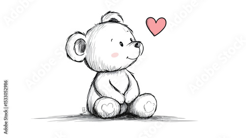 Teddy Bear Continuous Line Drawing with Heart Illustration for Creative Projects