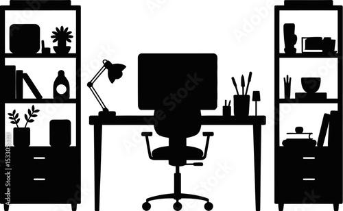 Silhouette illustration of a home office setup with desk, chair, computer, and bookshelves