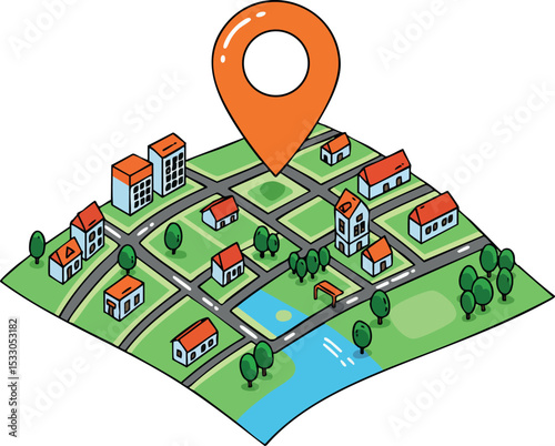Isometric town map with location pin and buildings in green landscape vector illustration 