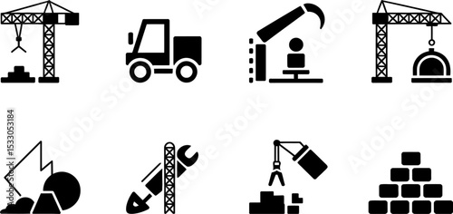 Illustration depicting construction themed icons including cranes, truck, and building materials
