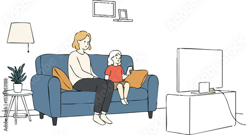 Mother and child sitting on blue sofa watching television in cozy living room 