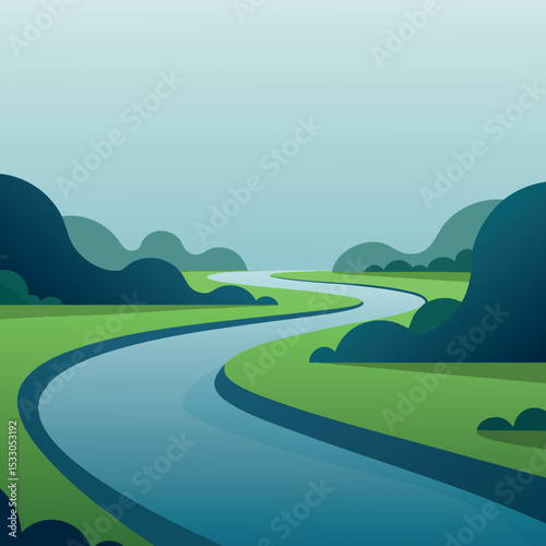 Curved river flowing through green hills and bushes natural landscape vector illustration 