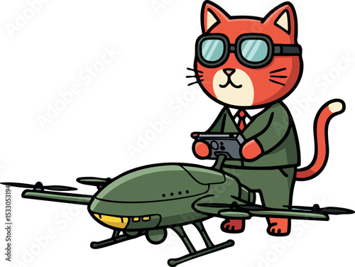 Cat in suit controlling military drone with remote control vector illustration 