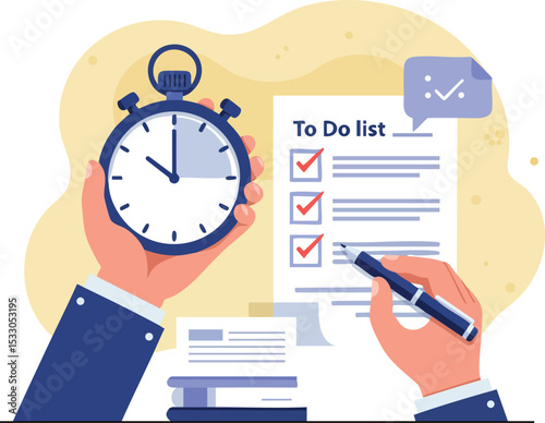 Stopwatch and hand holding pen checking to do list task completion vector illustration 
