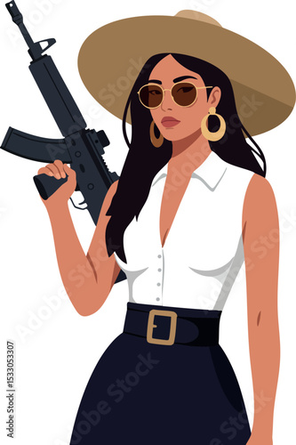 Woman holding assault rifle wearing wide brim hat sunglasses and fashionable outfit vector illustration 