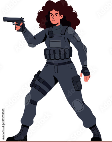 Female soldier in tactical gear aiming gun with determination and readiness 