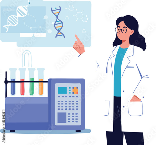 Female scientist analyzing DNA data in laboratory with colorful test tubes vector illustration 