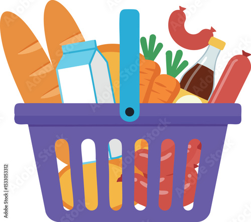 Grocery basket full of fresh bread milk carrots and sausages vector illustration 