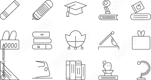 A collection of education related line art icons including graduation cap and books and other items