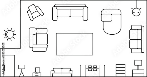 Overhead view of a living room floor plan featuring furniture and lighting fixtures in black line art