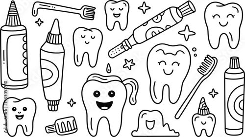 A whimsical dental hygiene doodle pattern featuring smiling teeth and oral care essentials outlined in black