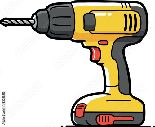 Yellow cordless drill with black accents power tool vector illustration for construction and DIY projects 