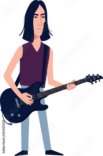 Male guitarist playing electric guitar with long hair and casual clothes vector illustration 
