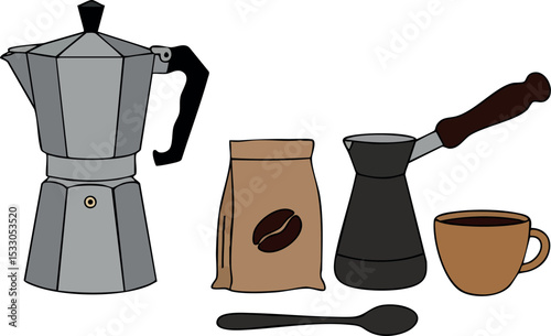 Coffee Maker Moka Pot Coffee Beans Cup Spoon and Turkish Coffee Pot Vector Illustration 