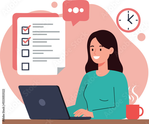 Woman working on laptop with checklist and clock at desk in office setting 