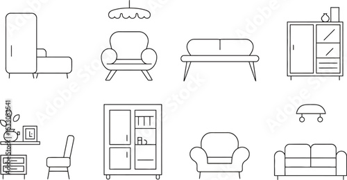 Line drawing of furniture including sofas chairs cabinets and bedside table with decorations