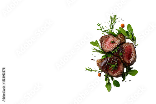 Grilled steak herbs floating on plain white background premium meat image perfect for restaurant menus and butcher shop branding