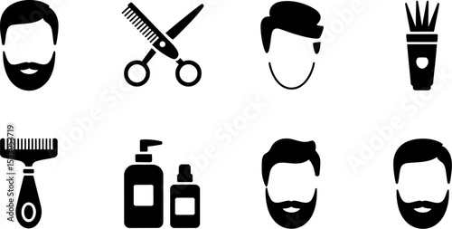 Illustration of barber shop elements including haircuts scissors and grooming products icons set