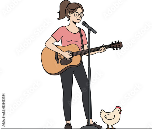 Young woman playing guitar singing with chicken standing near microphone vector illustration 