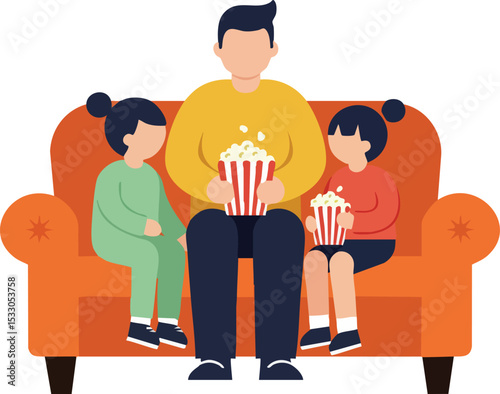 Family watching movie eating popcorn on orange couch vector illustration 