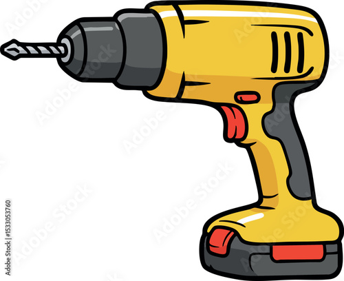 Cordless power drill with yellow and black plastic body and red trigger vector illustration 