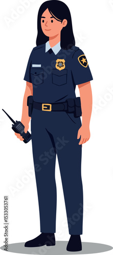 Female police officer in uniform holding radio communication device vector illustration 
