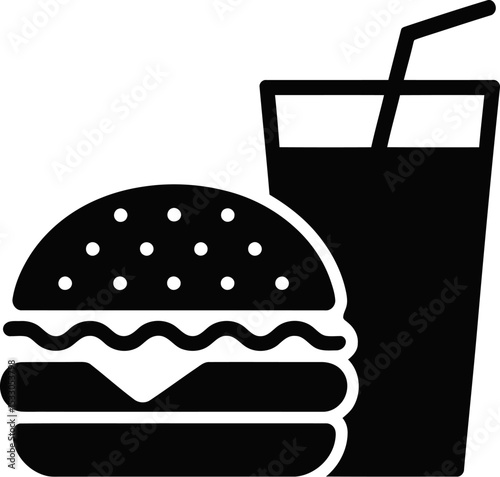 Illustration of a black burger with sesame seeds and a drink with a straw on a white background