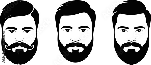 Three black and white vector illustrations of men's faces with different beard styles shown