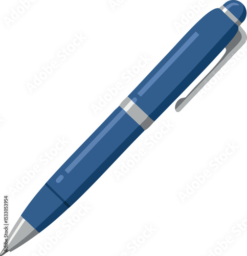 Blue pen illustration with silver accents writing instrument office supply vector 