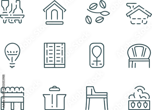 Collection of line icons featuring various objects like furniture and outdoor related items set on white