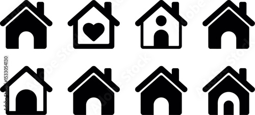 Eight black house icons with different designs including heart and person on white background