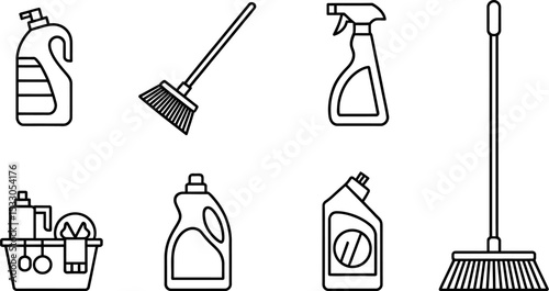 Outline drawing of cleaning supplies including spray bottles and brooms on white background