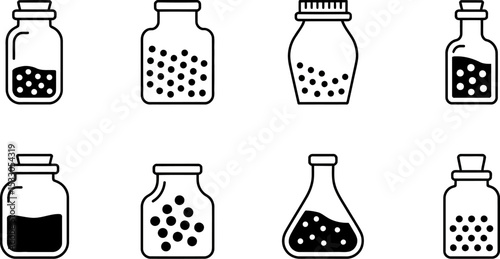 Illustration showcasing eight different bottles and jars filled with various substances and shapes