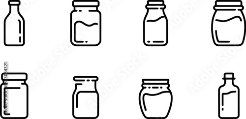 Eight outline icons of various glass jars and bottles filled with liquid on a white background