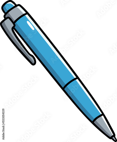 Blue retractable ballpoint pen vector illustration with clip and tip design 