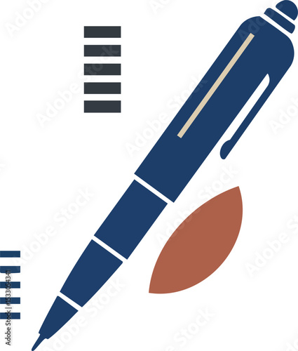 Blue pen vector illustration with brown leaf and decorative lines design 