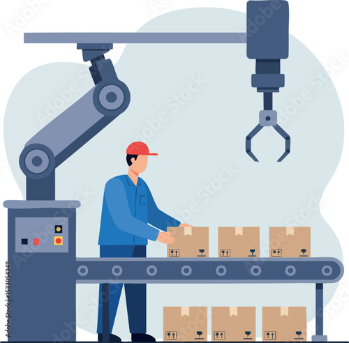 Factory worker operating robotic arm packaging boxes on conveyor belt in industry setting 