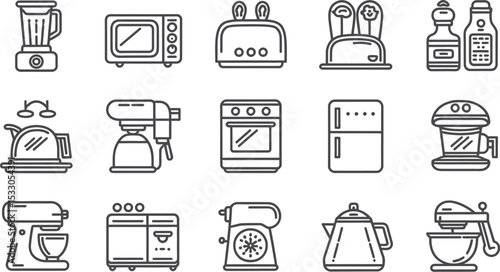 A collection of outlined kitchen appliances including mixers, ovens, and toasters in a grid format