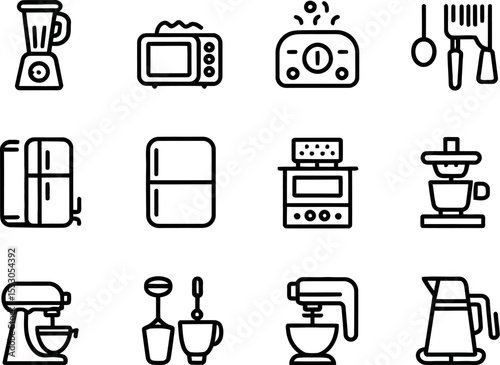 A collection of kitchen appliances icons including a blender, microwave, and refrigerator line art