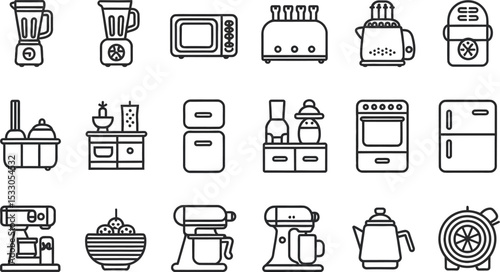 Line art illustration featuring an assortment of kitchen appliances and furniture icons set out