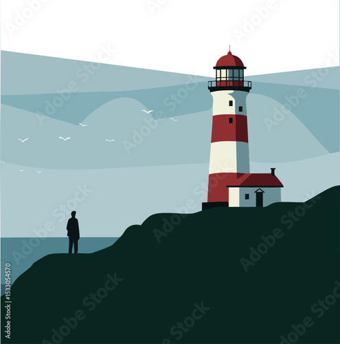 Lighthouse with red and white stripes on cliff by sea during daytime vector illustration 