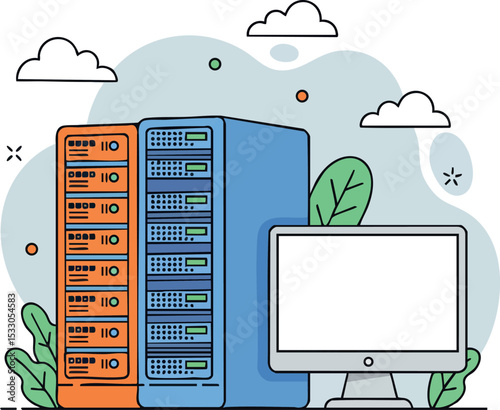 Server Racks and Desktop Computer Illustration with Green Leaves and Clouds Vector Design 